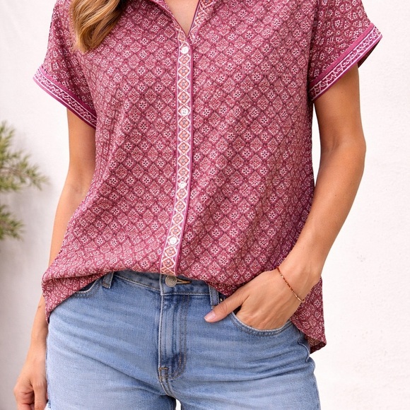 Max Studio Tops - Max Studio Pink Patterned Short-Sleeve Button Down Shirt Size S